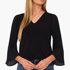 CeCe Black Bell Sleeve Pleated Blouse (NWT)